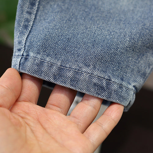Boys Casual Denim Jeans Elastic Waist Relaxed Fit Long Pants with Embroidered Letter Patch