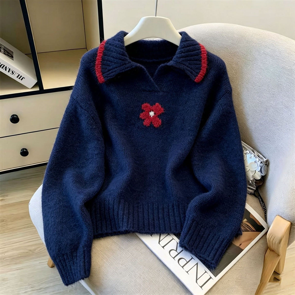 Color blocked flower lapel sweater for women