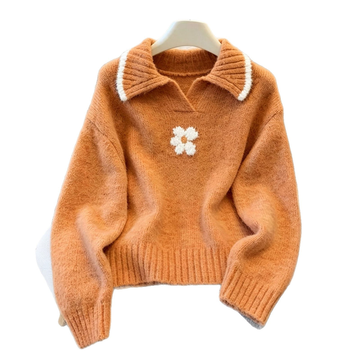 Color blocked flower lapel sweater for women